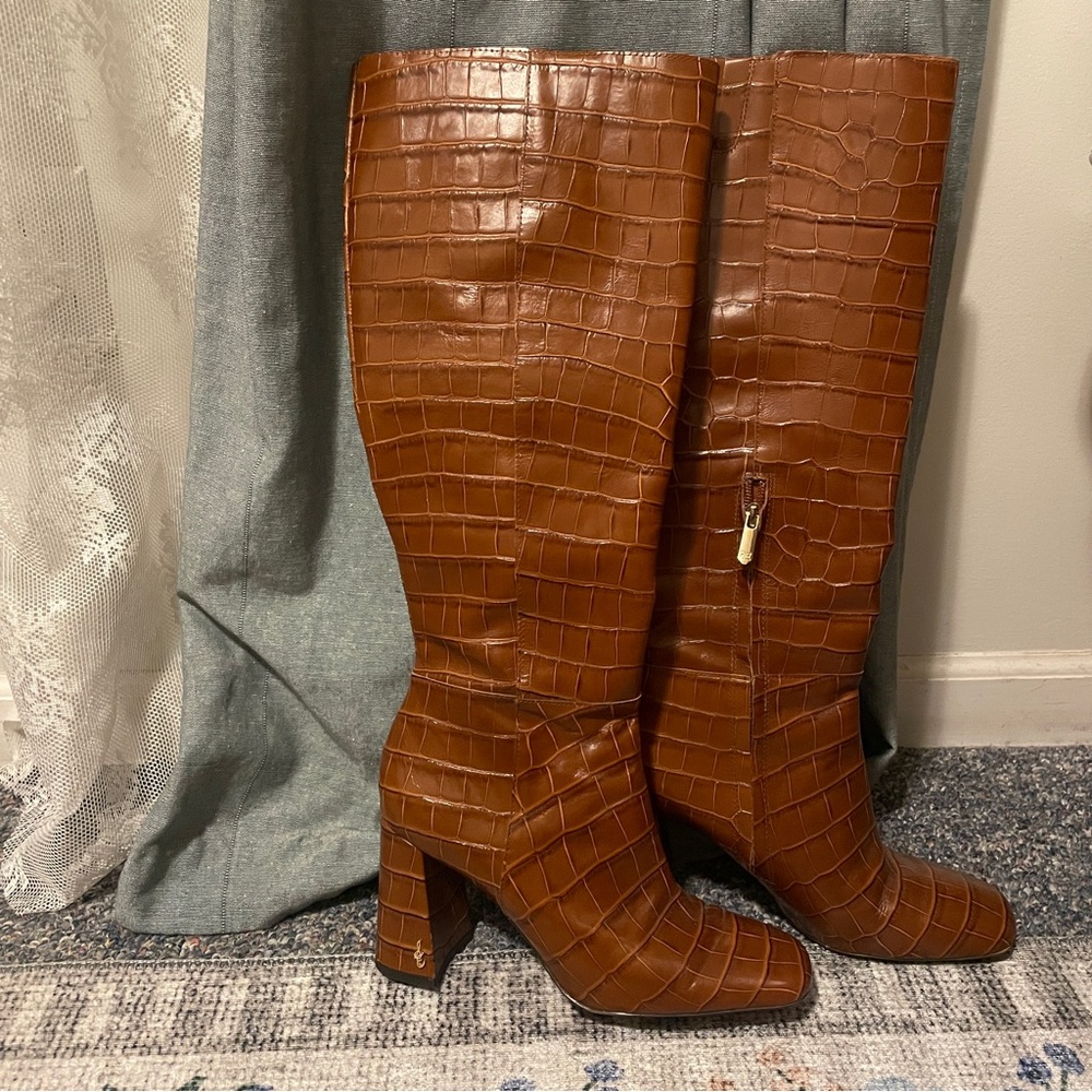 Sam Edelman Knee-High Croc Embossed Leather Clare Boots with Block Heel Size8
